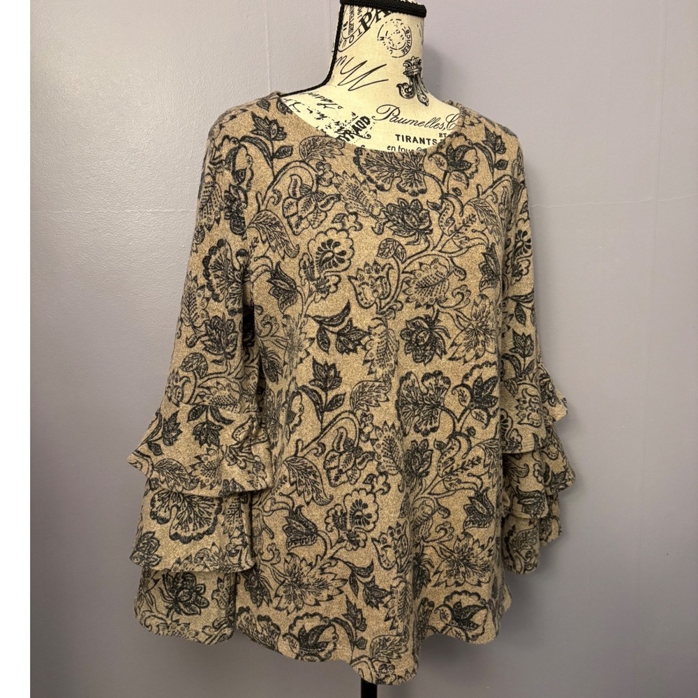 Style & Co Womens Floral Tiered Ruffle Bell‎ Sleeve Knit Top Tan Black Size M